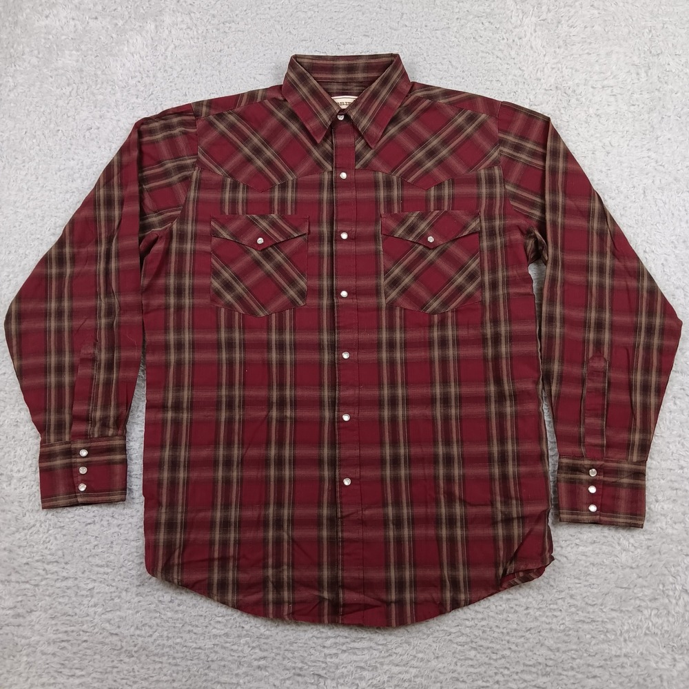 Bit & Bridle Shirt Western Pearl Snap Mens L Burgundy Plaid Long Sleeve RN 23923